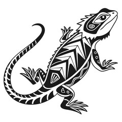 Tribal Bearded Dragon Lizard Black and White Geometric Design Bold Graphic Illustration