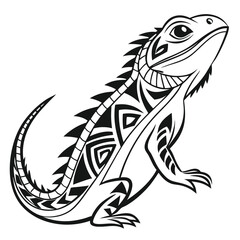 Tribal Style Iguana Lizard Black and White Vector Illustration Majestic Powerful Reptile Design