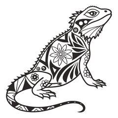 Ornate Black and White Iguana Illustration Tribal Floral Design Zentangle Style Coloring Book Art
