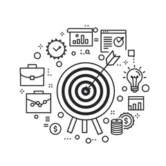 Obraz premium Conceptual illustration of business target achievement with an arrow hitting the center, surrounded by icons representing data, finance, and business strategy.