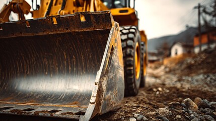 Bulldozer bucket on the right, rugged blurred site, clean left for branding 