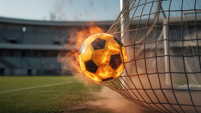 Fiery Soccer Ball Impacting Net A Dynamic Display of Speed and Precision Against Stadium Backdrop