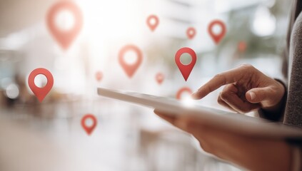 Hands using tablet with location markers