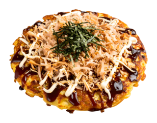 Delicious okonomiyaki close up black background