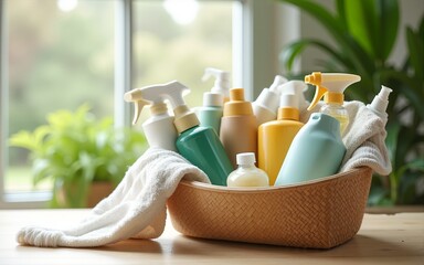 Discover sustainable living with eco-friendly cleaning supplies beautifully arranged in a basket Embrace a zero-waste household and sustainable lifestyle with natural products for a greener home