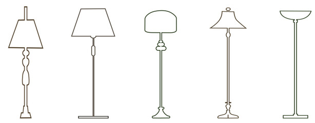 A compilation of lamps in silhouette form highlights diverse designs, perfect for inspiring home and interior design, Modern Floor Lamp Silhouette | Minimalist Vector Set Floor Lamp Outline vector ill