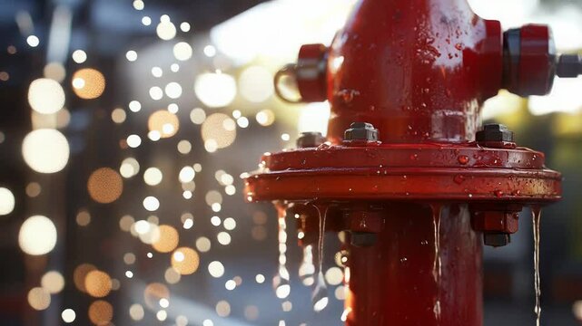 Red fire hydrant dripping water with sunlight creating bokeh effect