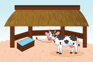 Cow barn, cow under the thatched roof with water tub