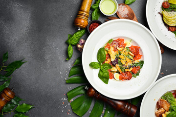 view from above of salads and food on plates. Healthy meal. Top view.