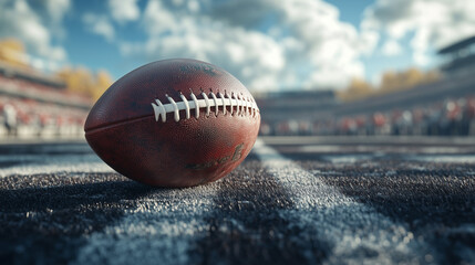 An American football is on the first line during an American football game. The ball is ready to be snapped to start a new play. There is plenty of space for text.