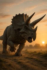 Fototapeta premium Charging Triceratops at Sunset in Prehistoric LandscapeFerocious Triceratops Running Through Dusty Terrain