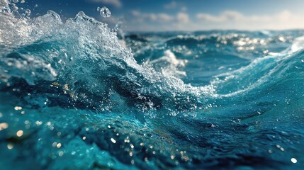 Dynamic ocean wave breaking with sparkling water droplets and sunlight reflections