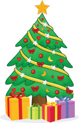 Christmas tree with golden star, gift boxes and colorful ornaments