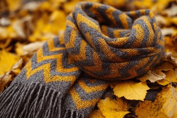 Warm Wool Scarf Draped Over Vibrant Autumn Leaves in a Tranquil Setting Generative AI