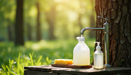 Camping equipment displayed outdoors with water faucet and soap bottles on wooden board. Camping equipment on green meadow with sunlight is ready for personal hygiene.
