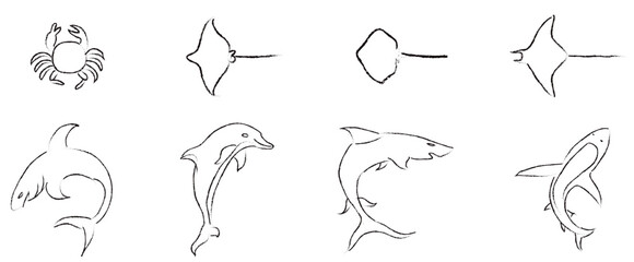 Sea life sketches, sea animals set
sea animals and fish sketches featuring vintage fish, shrimp, seashells, and squid in doodle style, vector illustration