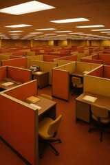 Endless rows of empty office cubicles under fluorescent lighting

Retro corporate cubicle maze in orange and yellow tones

Large grid of vacant office workstations with identical layout
