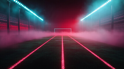 Football field with texture and neon fog - center, middle of the field. Concept of live broadcasts of sports events, tournament, large football stadium.