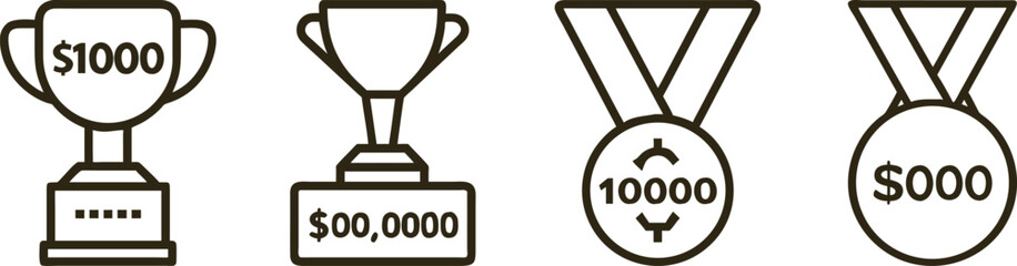 Winning Icons: Trophy, Medal, and Award Designs for Prize Money, $1000, $5000, $90,000