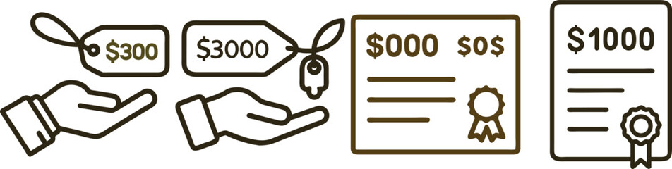 Price tags, certificates and hands offering financial deals, investment and rewards concept illustration.