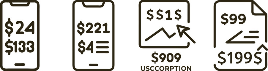 Mobile App Icons Showing Various Prices and Financial Data for Business and Marketing.