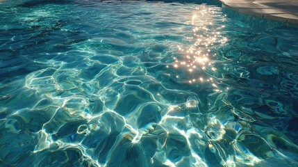 Sparkling sunlight reflecting on rippling blue swimming pool water surface