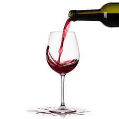 Red wine pouring down from a wine bottle against white background on white background
