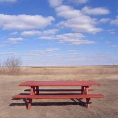 Obraz premium Red Picnic Table in Serene Prairie Landscape Under Blue Sky