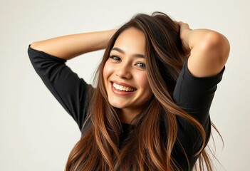 Fototapeta premium Long-haired figure smiles, hands playfully behind head, light background, childlike, pose