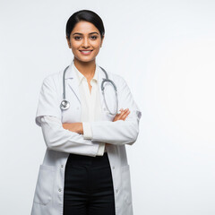 Young Indian Female Doctor with Stethoscope and Crossed Arms