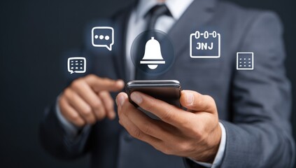 Businessman holding phone with notification icons