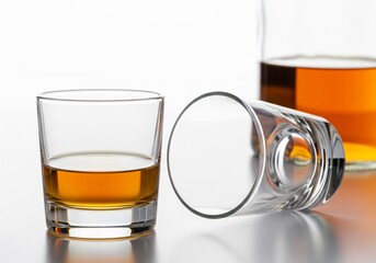 Whiskey Shot Glass with Bottle on White Background