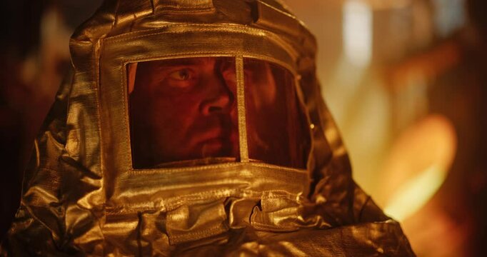 Portrait of an Exhausted Foundryman in Fire-Resistant Gear and Face Shield Captured in a Still Moment, Looking at a Furnace Blazing in the Background. Work at Heavy Industry Metal Foundry