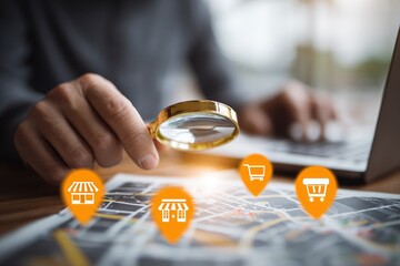 Person using magnifying glass on map with store icons