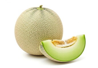 Whole Galia Melon and Fresh Green Slice Isolated on White Background – High Resolution Fruit Image for Healthy Food and Nutrition Themes