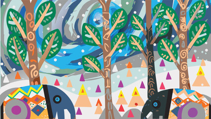 Stylized elephants in a winter forest landscape with swirling sky and triangular trees painted brightly