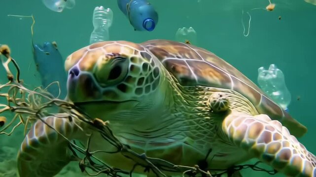 A sea turtle swims amid plastic debris in a vibrant underwater scene.