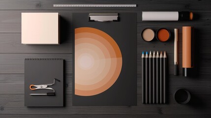 Moody Artist's Workspace: Elegant Dark Desk with Stationery, Cosmetics, Sketchbook, and Creative Tools for Designing and Planning Projects in Style