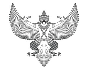 Line art illustration vector of Garuda mythical or legendary creature with half human and bird- Vishnu god carrier in Hindu drawing in black and white