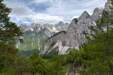 alpine landscape with snow-capped mountains and lush green valley. Ideal for travel promotions and nature prints