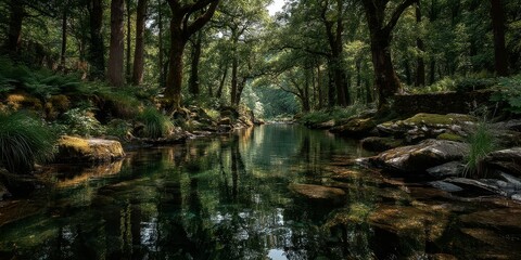 Tranquil river flowing through a lush forested landscape on a sunny afternoon