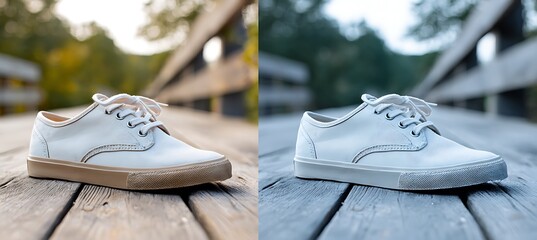 Canvas sneakers placed right, casual outdoor scene blurred, left side for branding 