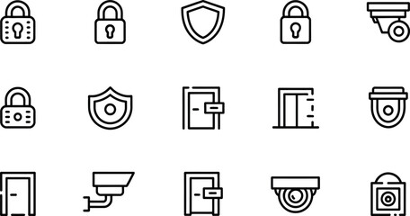 Security System Icons:  Modern Line Art,  Clean Minimalist Style,  Safe and Secure Mood.