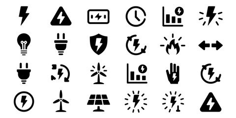 Electricity and Energy Glyph Icon Set Featuring Lightning Bolt, Battery, Plug, Solar Panel, Wind Turbine, Renewable Power, and Electrical Safety in Black Silhouette Vector Style.

