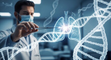 Scientific Discovery in Progress: A focused scientist, protected by a face mask, carefully examines a DNA strand within a state-of-the-art laboratory setting. The image is bathed in a futuristic.