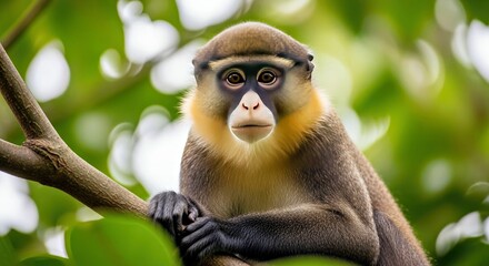 Obraz premium Close Up Mona Monkey Distinctive Black Yellow Striped Face Primate