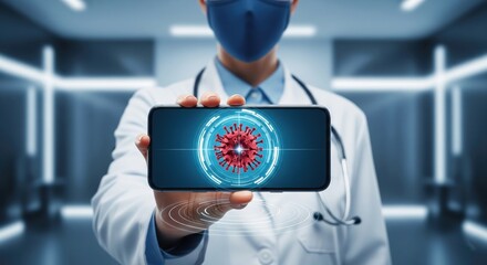 Doctor and Modern Virology: A medical professional in a sterile environment, holding a smartphone displaying a detailed 3D rendering of a virus, symbolizing innovation in healthcare.