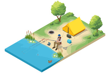 An Isometric illustration of a man fishing by a tranquil lake, surrounded by a camping setup including a yellow tent, campfire, and various fishing gear.