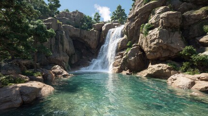 Serene waterfall cascading into a crystal clear turquoise pool surrounded by rocky cliffs and lush greenery