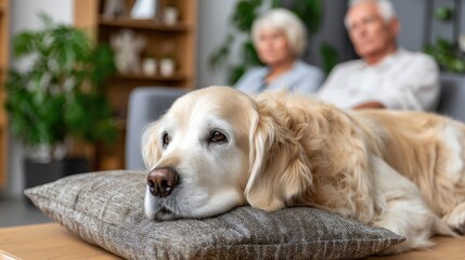 Golden retriever relaxing at home
